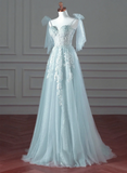 Pretty Mint Blue Tulle with Lace A-line Long Party Dress, Mint Blue Prom Dress Fornal Dress HZ1024