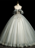 Green Ball Gown Round Neckline with Lace Sweet 16 Dress, Green Tulle Formal Dress HZ1024
