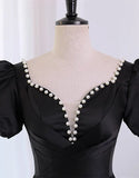 Black Satin Short Sleeves Homecoming Dress, Black Short Prom Dress HZ1024