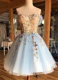 Cute Blue Lace Applique Top Off Shoulder Party Dress, Blue Homecoming Dress HZ1024
