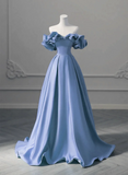 Off Shoulder Satin A-line Long Party Dress, Simple Pretty Floor Length Prom Dress HZ1024