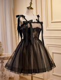 Cute Short Tulle with Lace Black Knee Length Party Dress, Black Short Prom Dress HZ1024