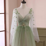 Green Gradient Puffy Sleeves Long Party Dress, A-line Beaded Prom Dress HZ1024