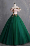 Green Tulle Off Shoulder with Flowers Long Sweet Dress, Green Long Prom Dress HZ1024
