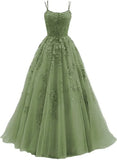 Light Green Straps Tulle Lace-up Long Party Dress, Green Evening Dress Prom Dress HZ1024