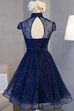 Navy Blue Beaded Lace Short Prom Dress Graduation Dress, Navy Blue Homecoming Dress HZ1024