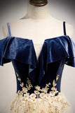 A-Line Off the Shoulder Long Prom Dresses, Champagne Evening Dresses HZ1024