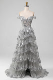 Off the Shoulder Grey Silver Sparkly Tiered Prom Dress with Slit HZ1024
