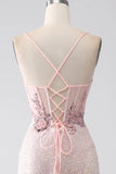 Glitter Pink Beaded Mermaid Prom Dress with Slit HZ1024