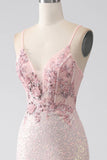 Glitter Pink Beaded Mermaid Prom Dress with Slit HZ1024