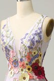 A Line Deep V Neck Lavender Long Prom Dress with Appliques HZ1024