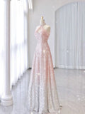 Pink Gradient Neck Hanging Sleeveless Full Shiny Beaded A-Line Long Evening Dress HZ1024