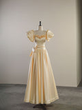 Light Yellow Satin Heart Neck Short Sleeve 3D Floral A-Line Tea Break Dress HZ1024