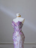 Purple Mermaid Strapless Heart Neck Printed Lace Long Evening Dresses HZ1024