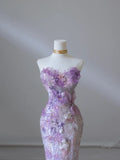 Purple Mermaid Strapless Heart Neck Printed Lace Long Evening Dresses HZ1024
