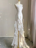 Elegant White Round Neck Slim Fit Sleeveless Dress Evening Party Gown with Ruffles HZ1024