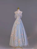 Light Blue A-line Round Neck Tulle Lace Long Evening Dresses HZ1024