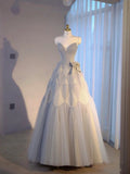 Gray A-line Spaghetti Strap Heart Neck Tulle Long Evening Gowns HZ1024