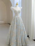 Light Blue A-line Strap Lace Long Evening Dress HZ1024