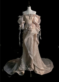 Champagne Strapless 3D Flower Sequins Irregular Hem Long Prom Dresses HZ1024