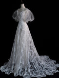 White A-Line Short Sleeve Floral Tulle Long Floor Length Prom Dresses HZ1024