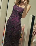 Purple Mermaid Sequined High Split Spaghetti Strap Long Prom Dresses HZ1024
