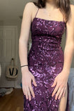 Purple Mermaid Sequined High Split Spaghetti Strap Long Prom Dresses HZ1024