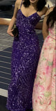 Sparkling Mermaid V-Neck Purple Sequined Straps Long Prom Dress HZ1024