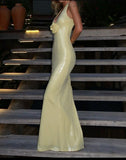 Simple V-neck yellow 3D flower mermaid ankle-length dress HZ1024