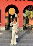 Fashion Ivory Mermaid Long Sleeves Satin Long Prom Dress Evening Dress HZ1024