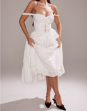 Simple white A-line off-shoulder tie tea dress HZ1024