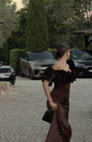 Elegant Mermaid Brown Off Shoulder Satin Floor Length Formal Prom Dress Evening Gown HZ1024