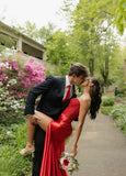 Burgundy Mermaid Sequin Sweetheart Neck Strapless Satin High Slit Floor Length Ball Gown Evening Dress HZ1024
