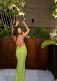 Gorgeous Green Mermaid Cross Neck Sequin Sleeveless Floor Length Evening Dress HZ1024