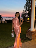 Simple Pink Mermaid Collarless Sleeveless Satin Ball Gown Evening Dress HZ1024