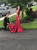 Burgundy Classic Mermaid Deep V Neck Strap Trailing Ball Gown Evening Gown HZ1024