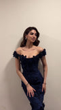 Elegant Navy Blue Mermaid Off Shoulder Lace 3D Flower Floor Length Formal Prom Dress Evening Gown HZ1024
