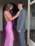 Charming Mermaid Deep V Neck Pink Sequin High Slit Formal Prom Dress Evening Gown HZ1024