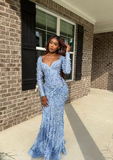 Chic Blue Mermaid Long Sleeve Butterfly Lace Floor-Mounting Ball Gown Evening Dress HZ1024
