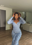 Chic Blue Mermaid Long Sleeve Butterfly Lace Floor-Mounting Ball Gown Evening Dress HZ1024