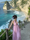 Pink Chiffon Halter Sleeveless Deep V Neck Dress HZ1024