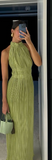 Chic Green Collarless Sleeveless Pleated Length Ankle Formal Prom Dress Evening Gown HZ1024