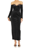Elegant Black Mermaid Off Shoulder Long Sleeve Velvet Formal Prom Dress Evening Gown HZ1024