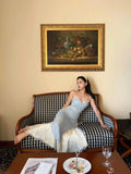 Elegant Blue Spaghetti Strap Lace Trim Ball Gown Evening Gown HZ1024