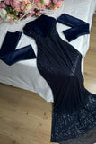 Navy Blue Mermaid Off Shoulder Strapless Sequin Floor Length Formal Prom Gown Evening Dress HZ1024