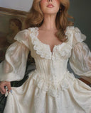 Vintage Ivory Puff Sleeve Lace Long Sleeve Dress HZ1024