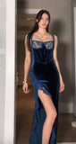 Navy Blue Mermaid Strap Velvet Lace Trim Slit Ball Gown Evening Dress HZ1024