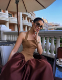 Chic Colorblock Halter Neck Satin Long Ball Gown Evening Dress HZ1024