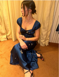 Soft Navy Short Sleeve Satin Ankle Length Ball Gown Evening Dress HZ1024