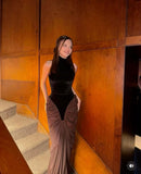 Chic Black and Brown Colorblock High Neck Off Shoulder Velvet Mermaid Length Ankle Ball Gown Evening Dress HZ1024